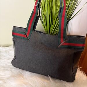 Gucci Black Tote with Green and Red Striped Handles